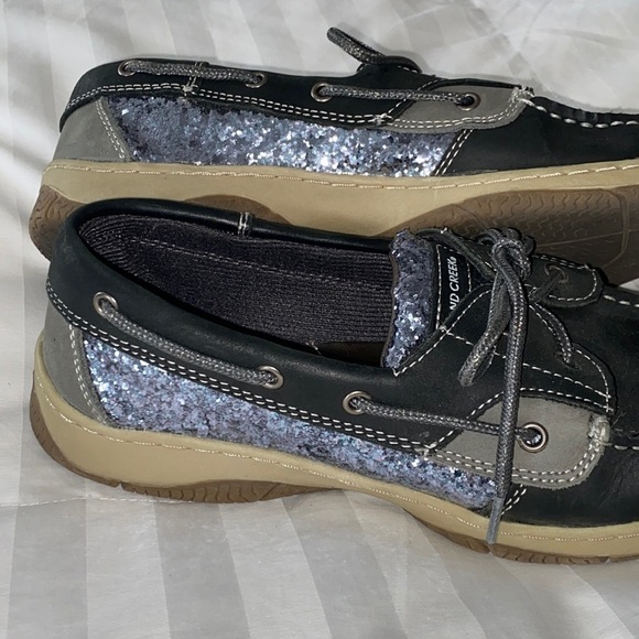 Highland Creek Black Silver Glitter Shimmer Leather Boat Shoes Topsiders New - Picture 8 of 17